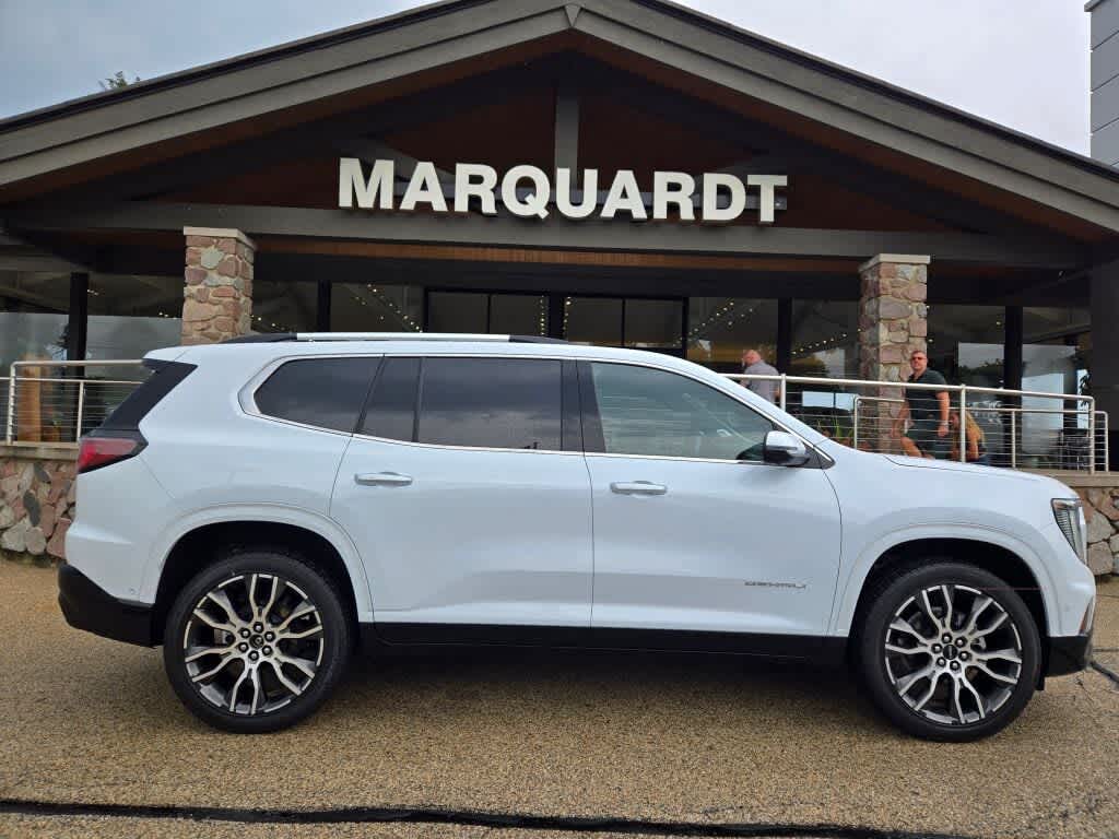 2026 GMC Acadia Denali Ultimate in Glacier White Tricoat — front three-quarter view